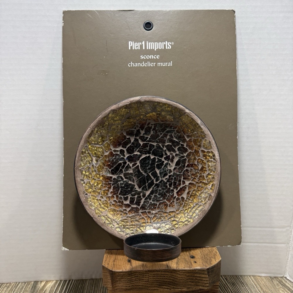 PIER ONEMosaic Round Crackle Gold Tan Glass and Metal‎ Wall Sconce Candle Holder